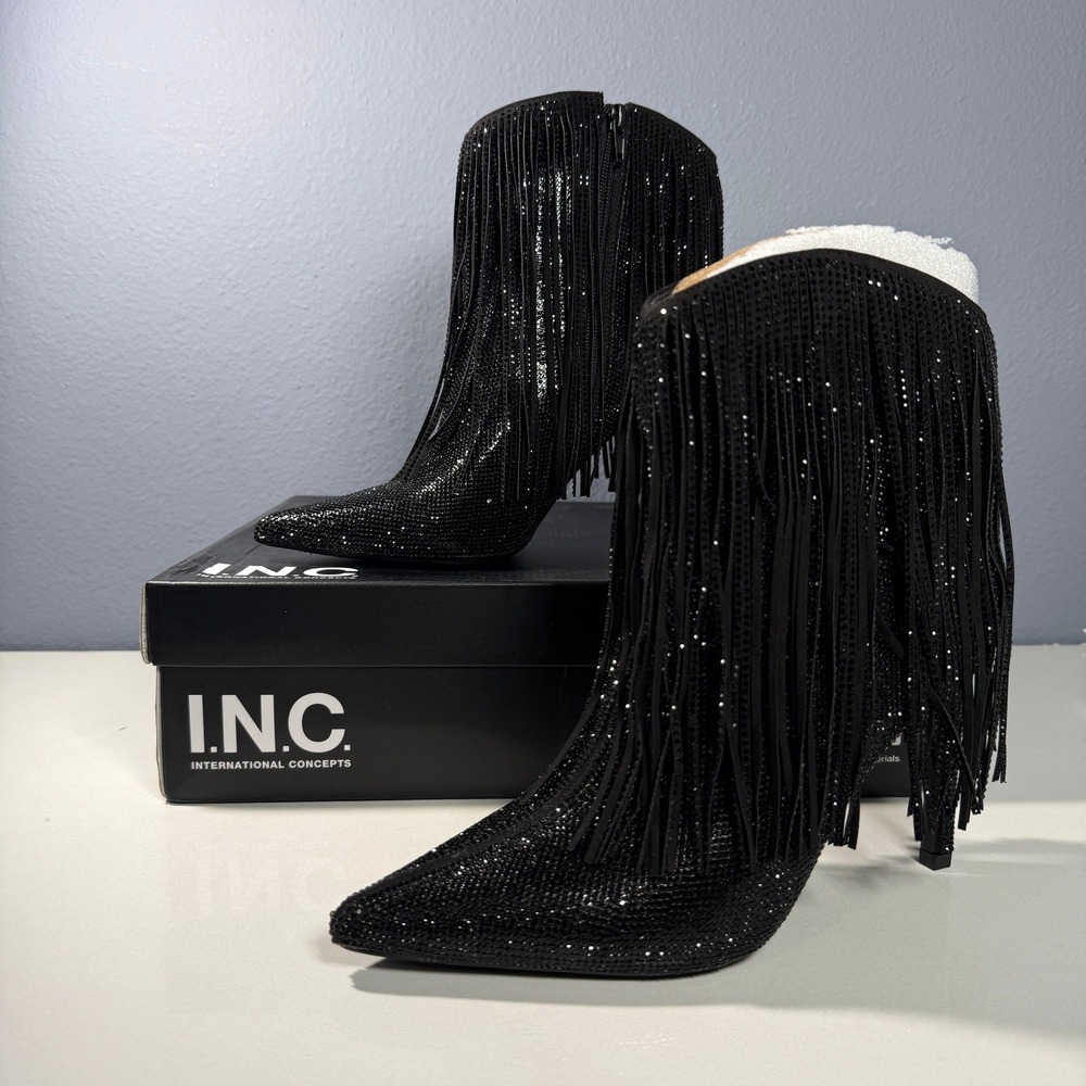 INC International Concepts Black Sequin Fringe Ankle Boots